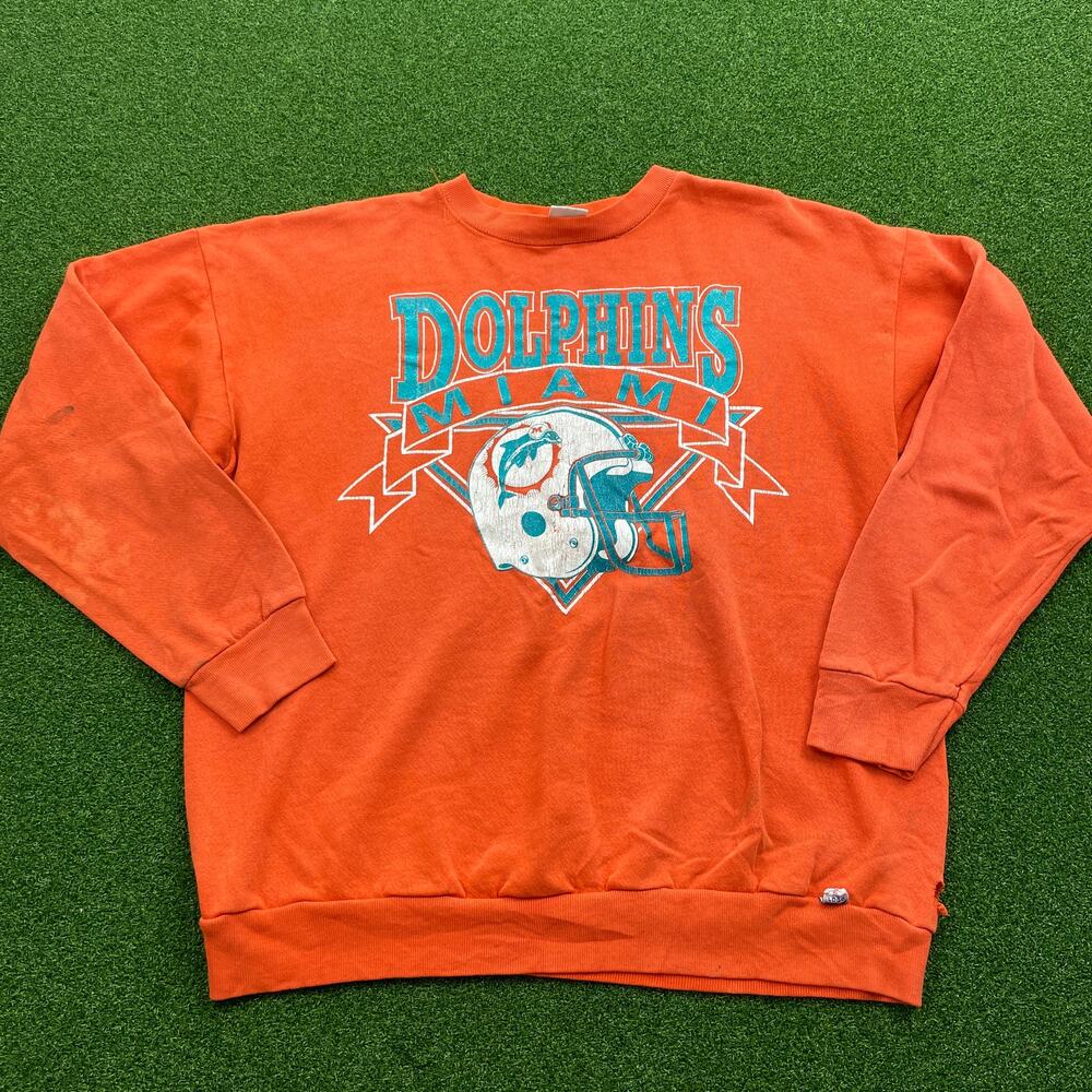 Vintage 90s Logo 7 Orange NFL Miami Dolphins Graphic Crewneck Sweater Sz L